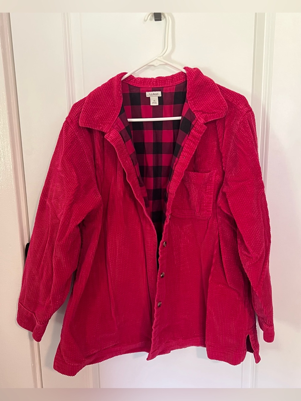 L.L. Bean 1X Women's Red Corduroy Jacket Plaid Lining 100% Cotton